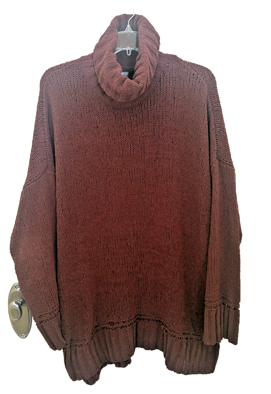 Aerie Women's Large Oversized Chunky Knit Turtleneck Sweater Side Slit Brown